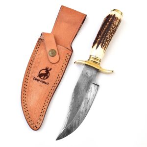 Deep Impact 6" Damascus Hunting Knife, 5" Stag Horn Deer Handle Fix Blade Knife, Bowie Knife with Leather Sheath - 6 Inch Perfect Hunting Knife for Skinning, Camping, Hiking, Outdoor, Survival Knife