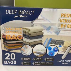 Deep Impact Vacuum 20 Pack Storage Bags - Vaccum Sealed Bags for Clothing, Comforters & Blankets, 4Jumbo, 4Large, 4Medium, 4Small,4 Roll-Up,Hand Pump - Travel Essentials, Vaccum Sealer